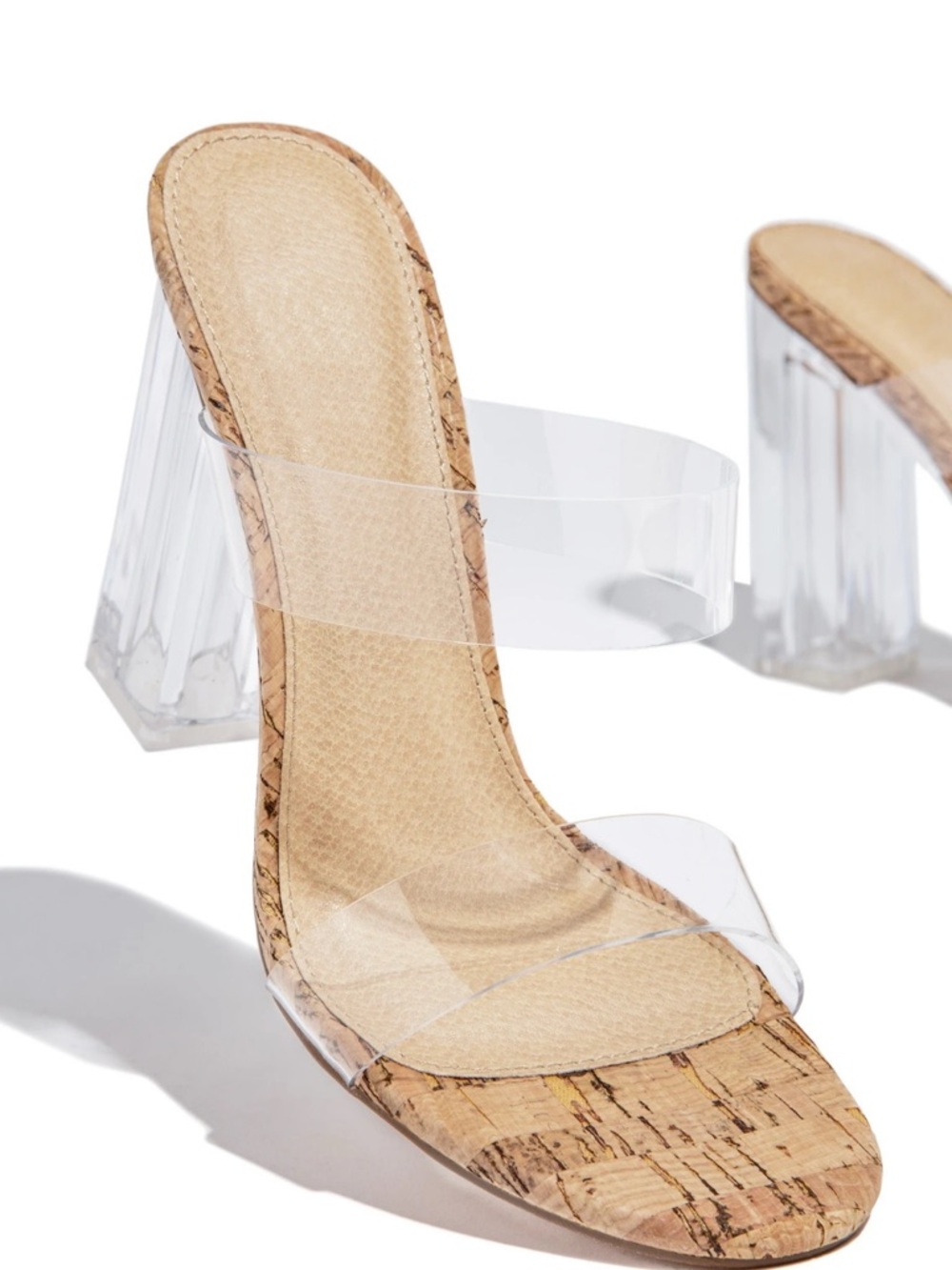 Clear Strap Cork Block Heel Sandal - Nude/Clear - Picture 2 of 3